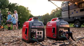 Two Honda generators are outdoors powering a recreational vehicle.  